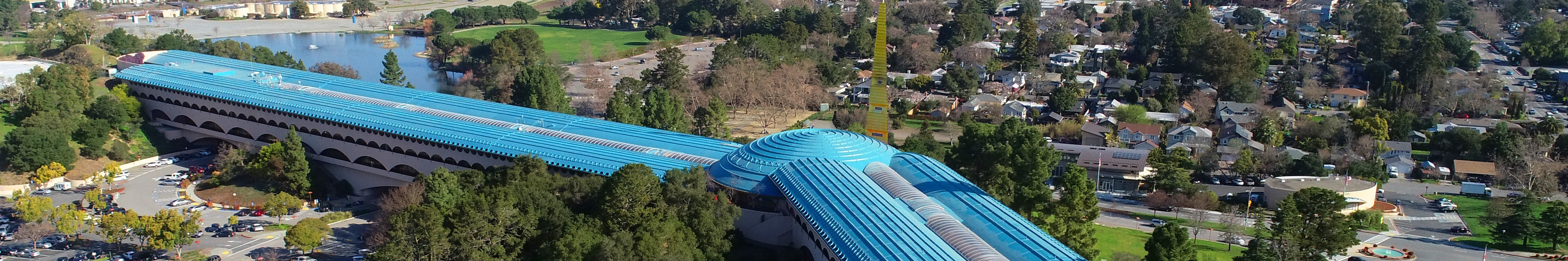 Skyview of the Civic Center building and area around it including greenspace and roads. 