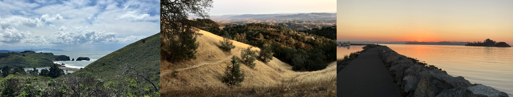 Three images: a green hill and blue sky on the left; in the middle a brown hill with green trees; and on the right a sunset on the ocean.