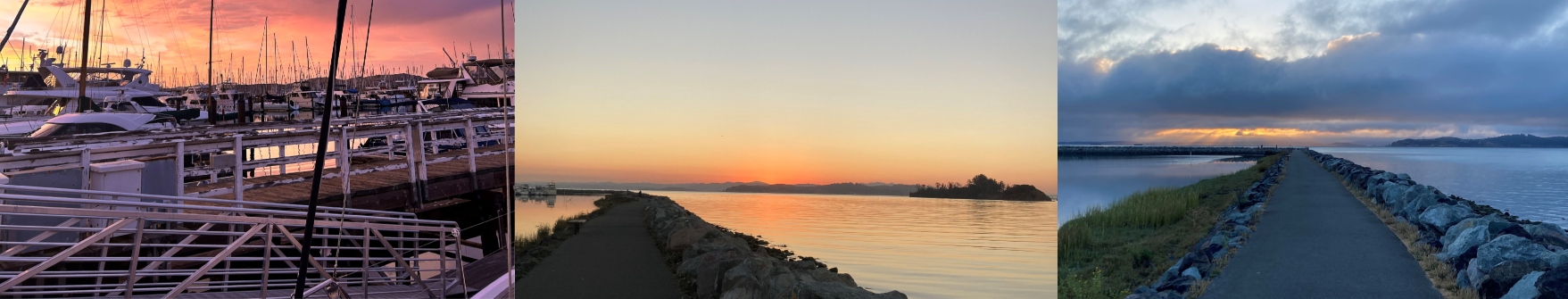 Three images - on the left boats on a dock; in the middle a path next to the water; and on the left a path with water on both sides.