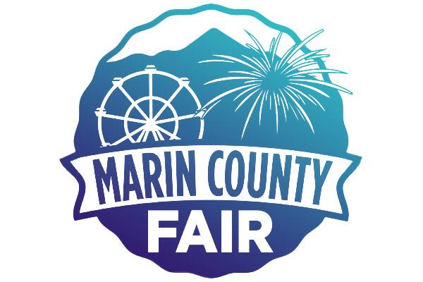 Marin County Fair Logo. Blue image of fireworks, Ferris wheel and Mount Tamaplpais.