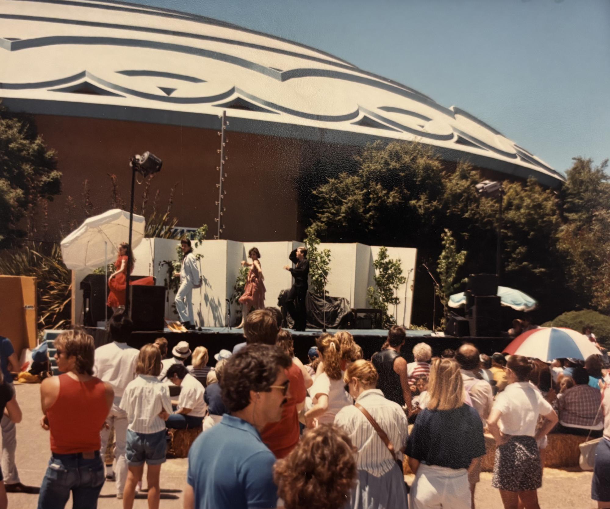 Musicians perform in front of the Veterans' Memorial Auditorium during the Marin County Fair. (Photo: 1980s)