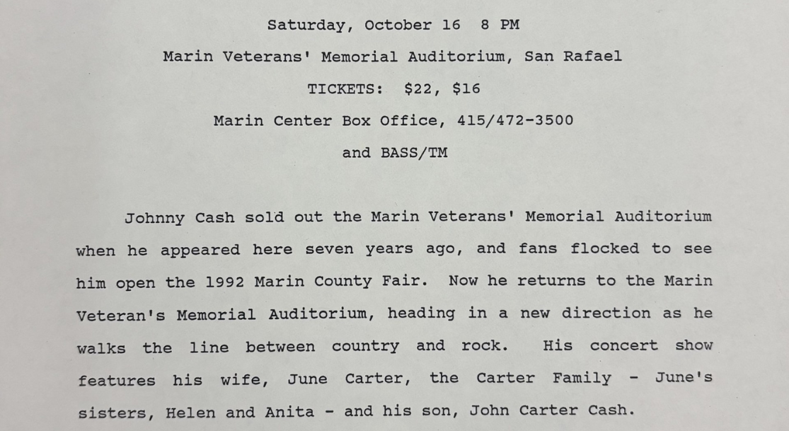 Marin Center press release for Johnny Cash's performance at the Veterans' Memorial Auditorium