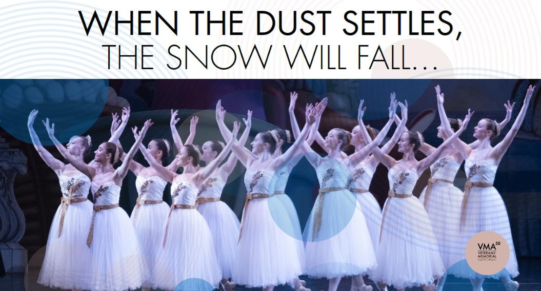 A group of ballerinas on stage with their hands up. Text: When the dust settles the snow will fall