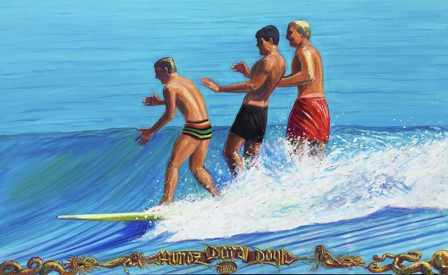Three young men surfing on the same surfboard while riding a wave