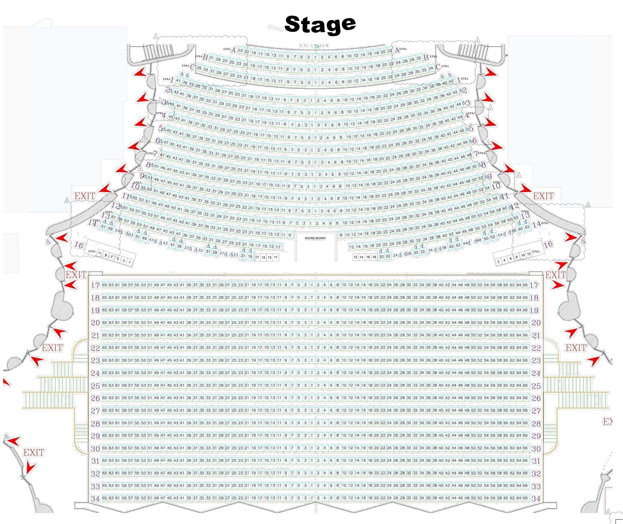 A map of the seating configuration in the Veterans' Memorial Auditorium