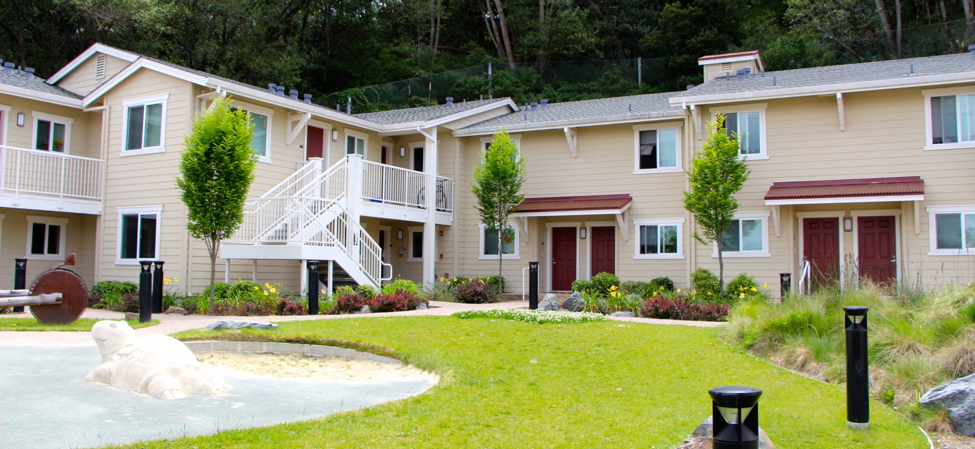 An exterior view of some apartments.