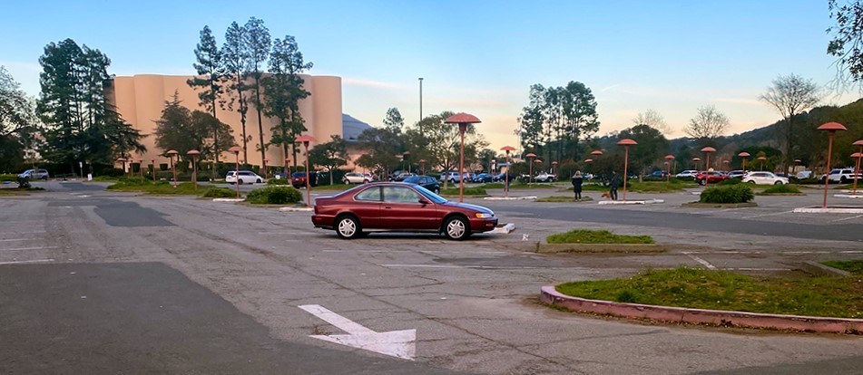 A view of the deterioriated pavement at the Veterans Memorial Auditorium parking lot.