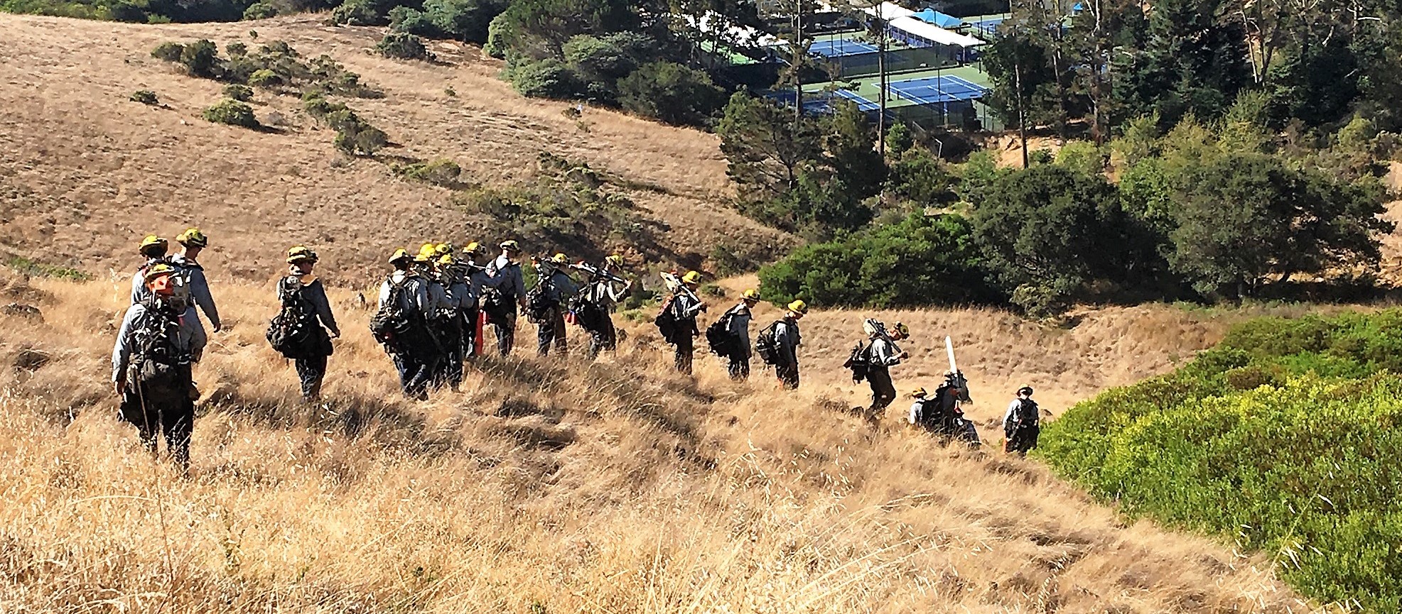 About a dozen firefighters walk down a steep hill prior to a prescribed burn.