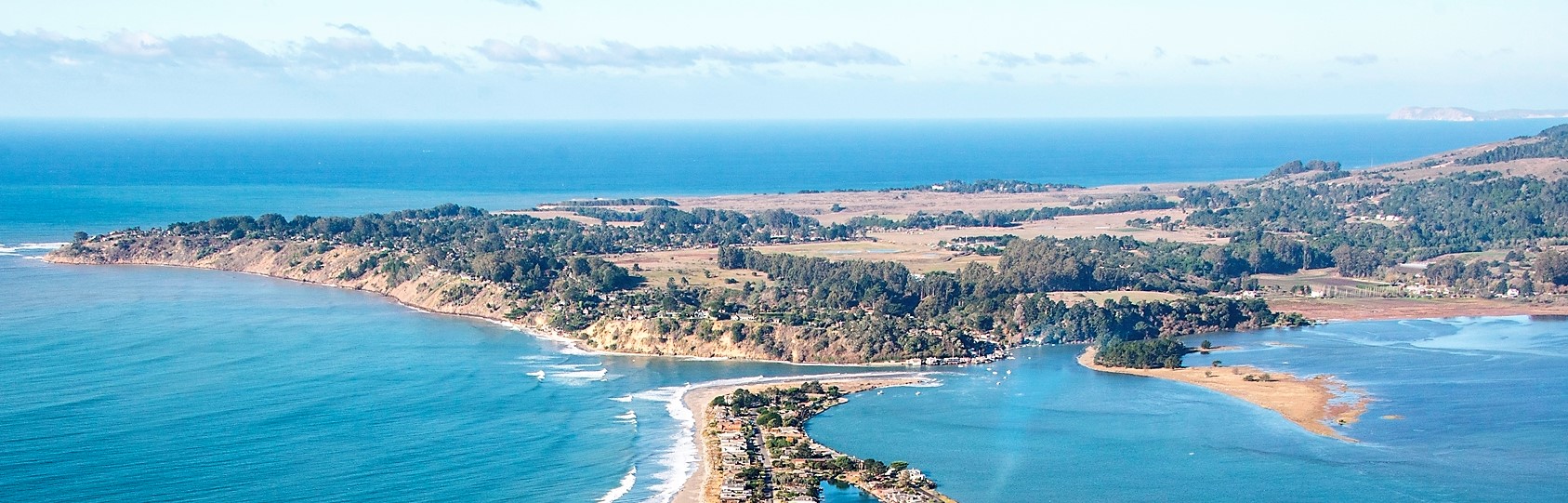 An  aerial view of Bolinas. Stinson Beach and the Pacific Ocean