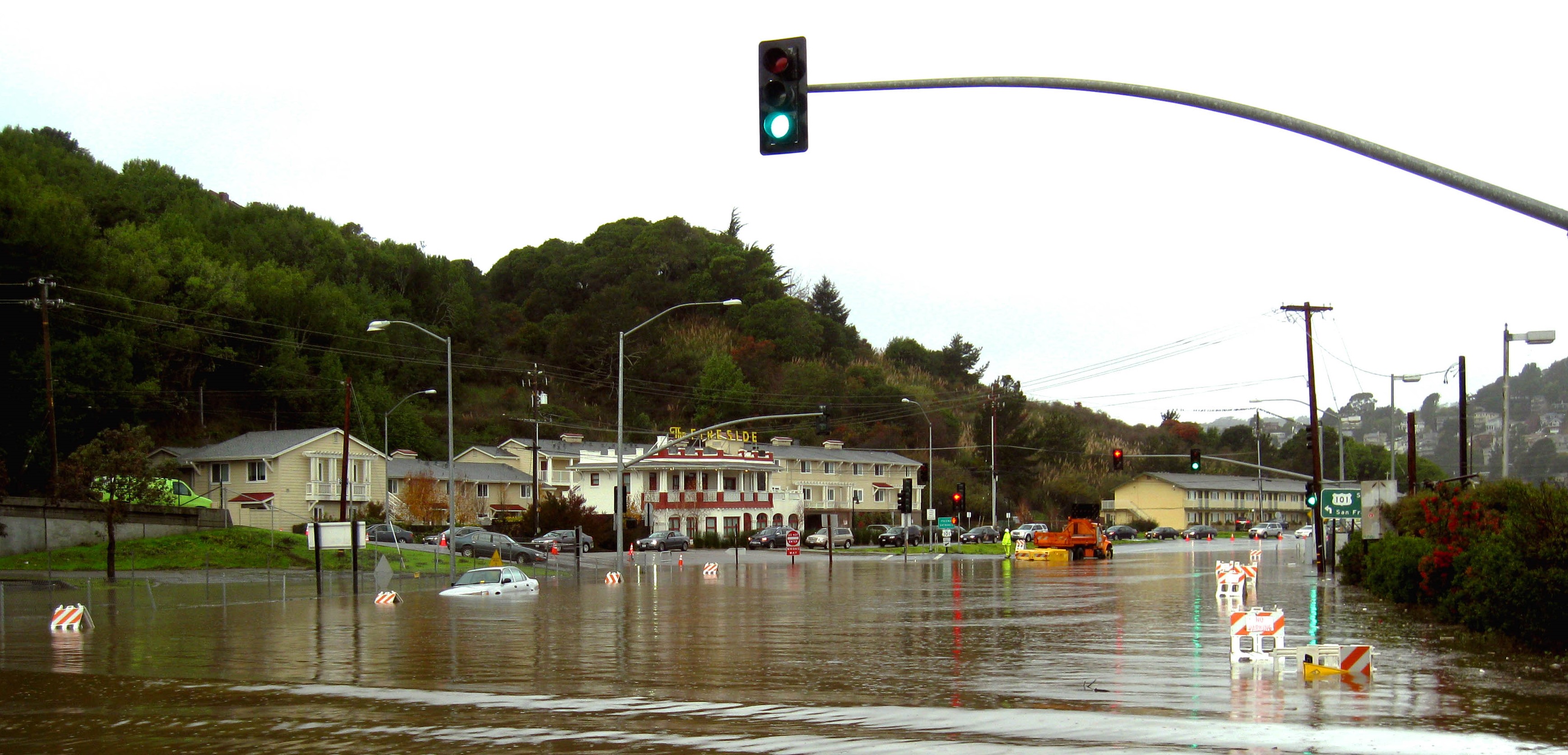 A photo of flooded roadways near the Manzanita Park & Ride in the Tam Junction area