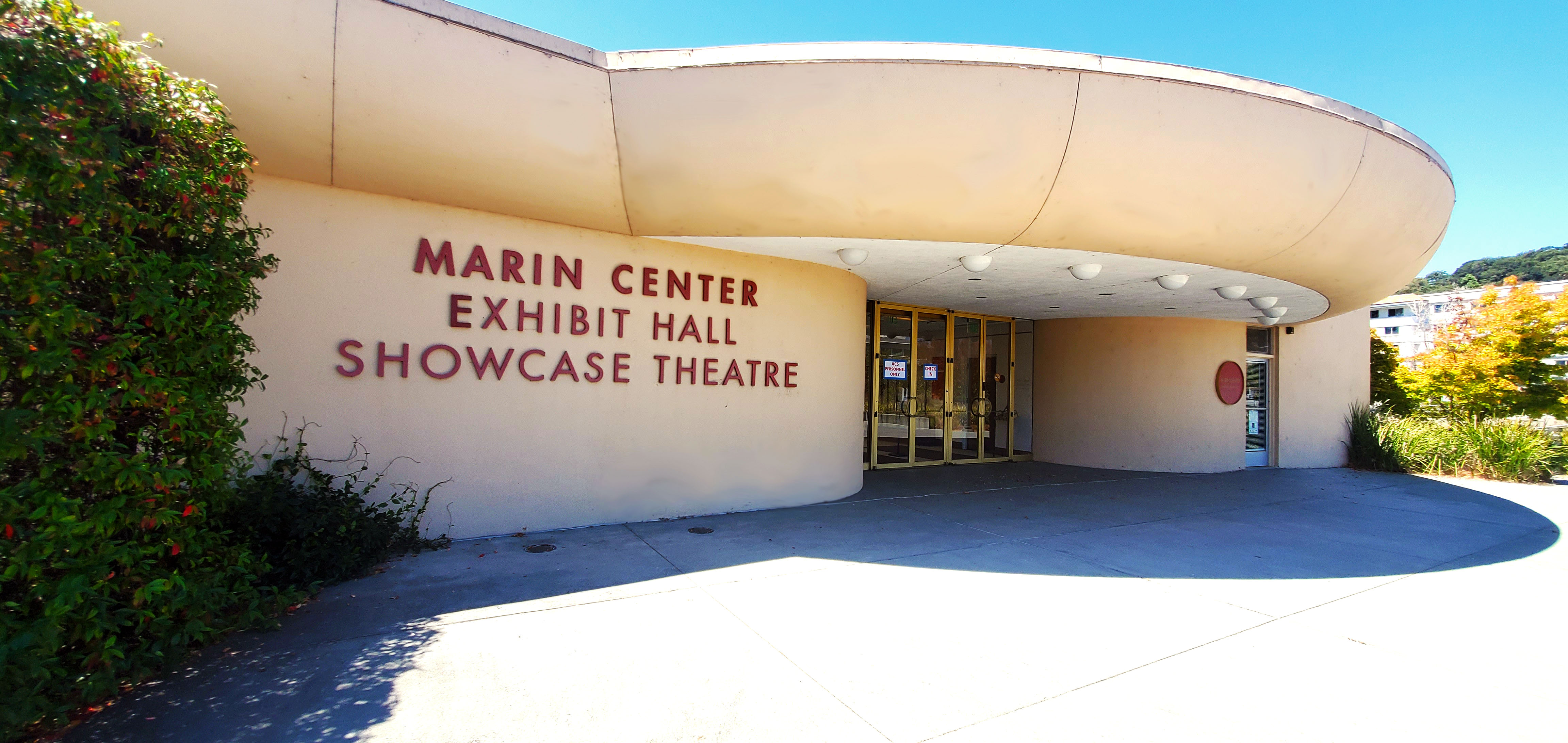 An exterior view of the east entrance to the Showcase Theater building at Marin Center.