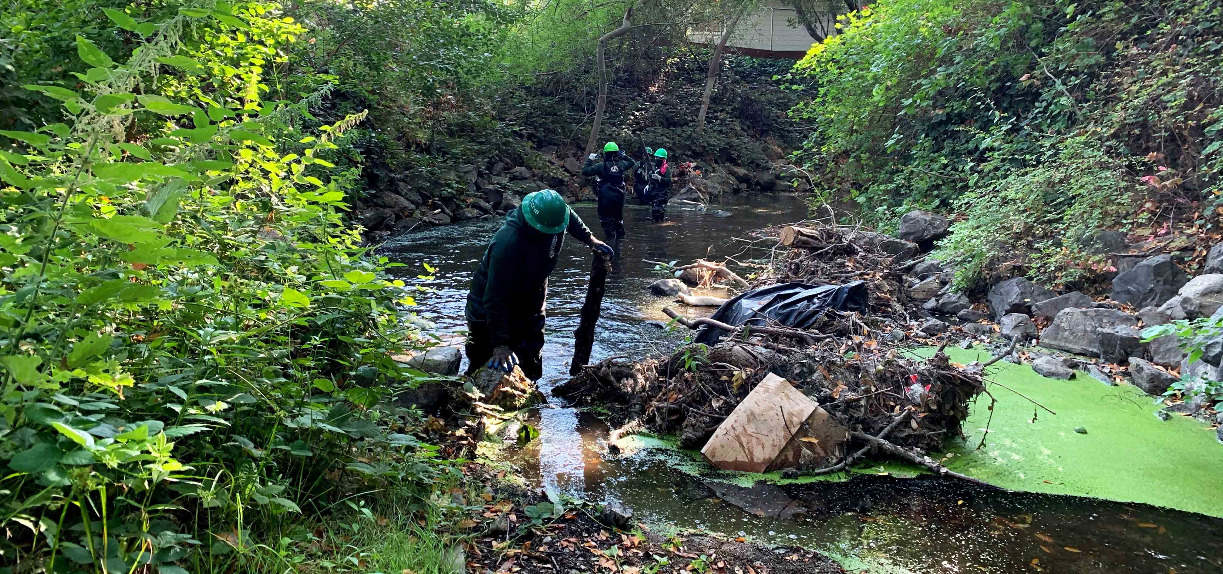 Workers clear debris from a creek in Novato.