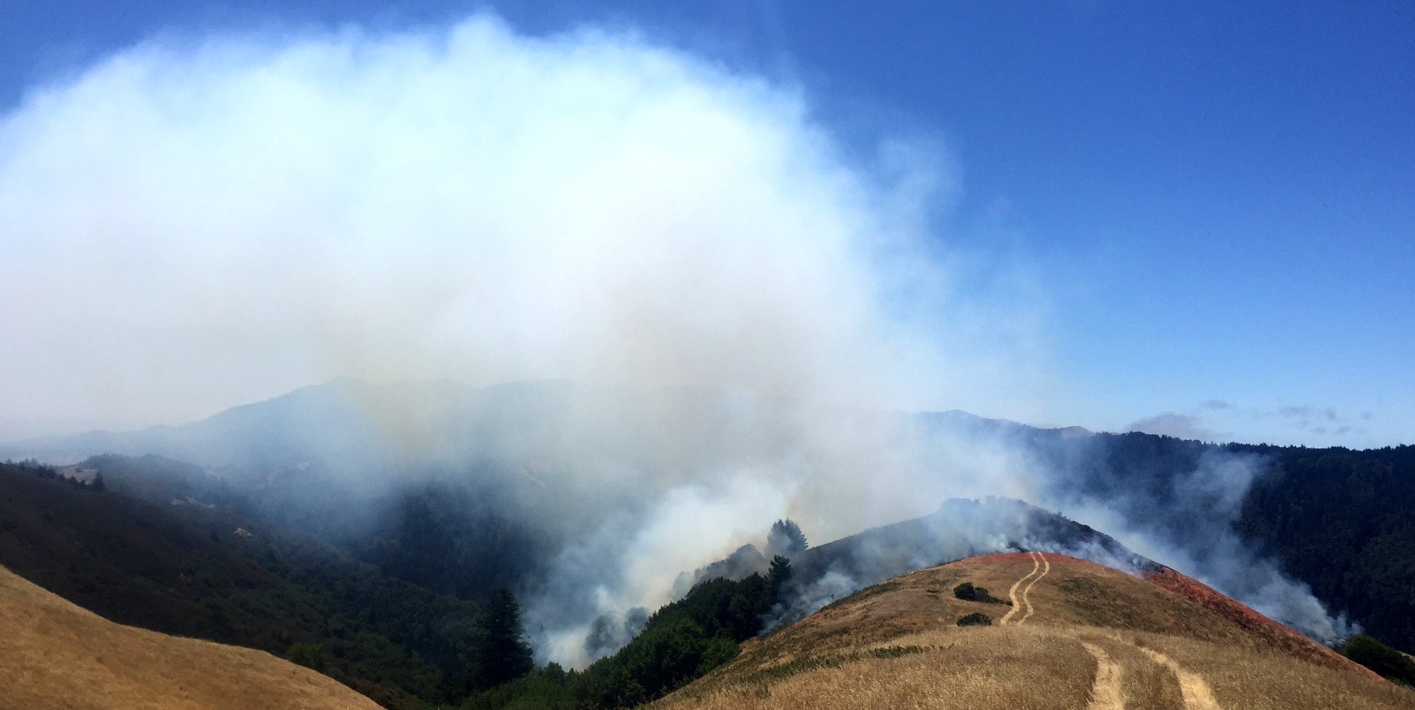 A mountaintop view of a wildfire billowing smoke into the air.