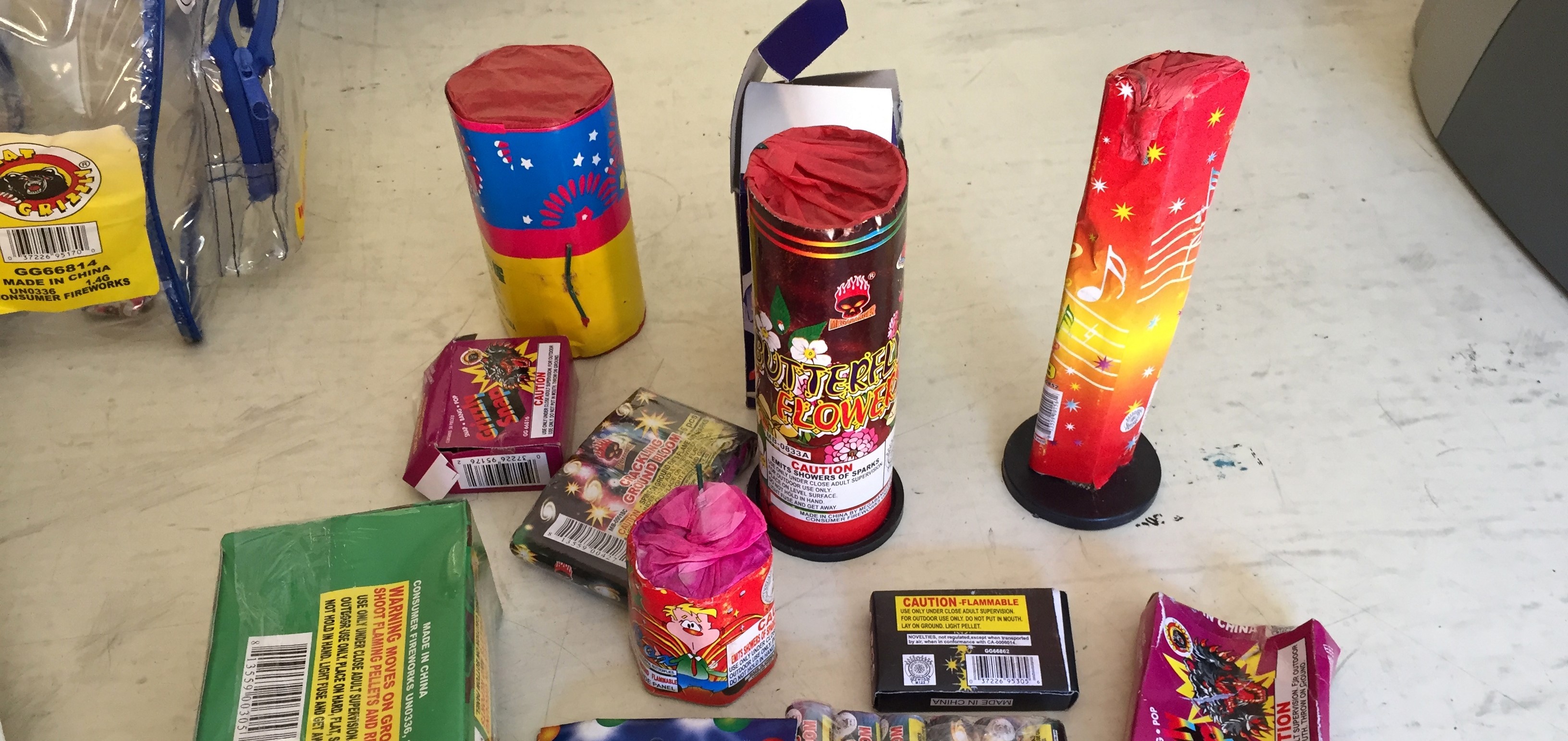 Confiscated fireworks on a table.