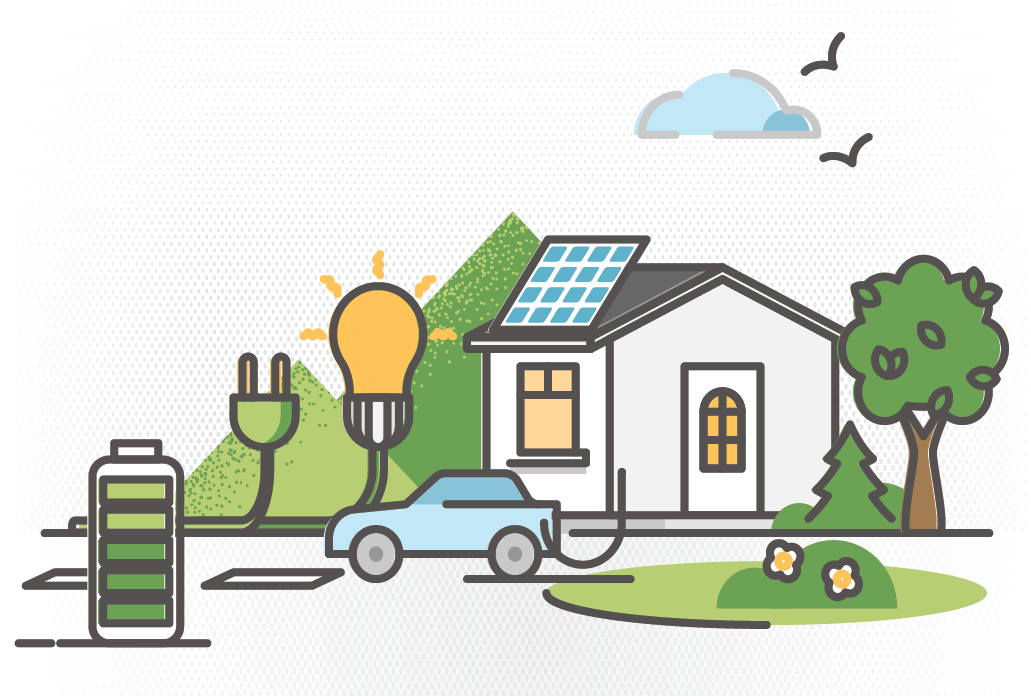 An artistic graphic shows a home with images of large electrical plugs outside.