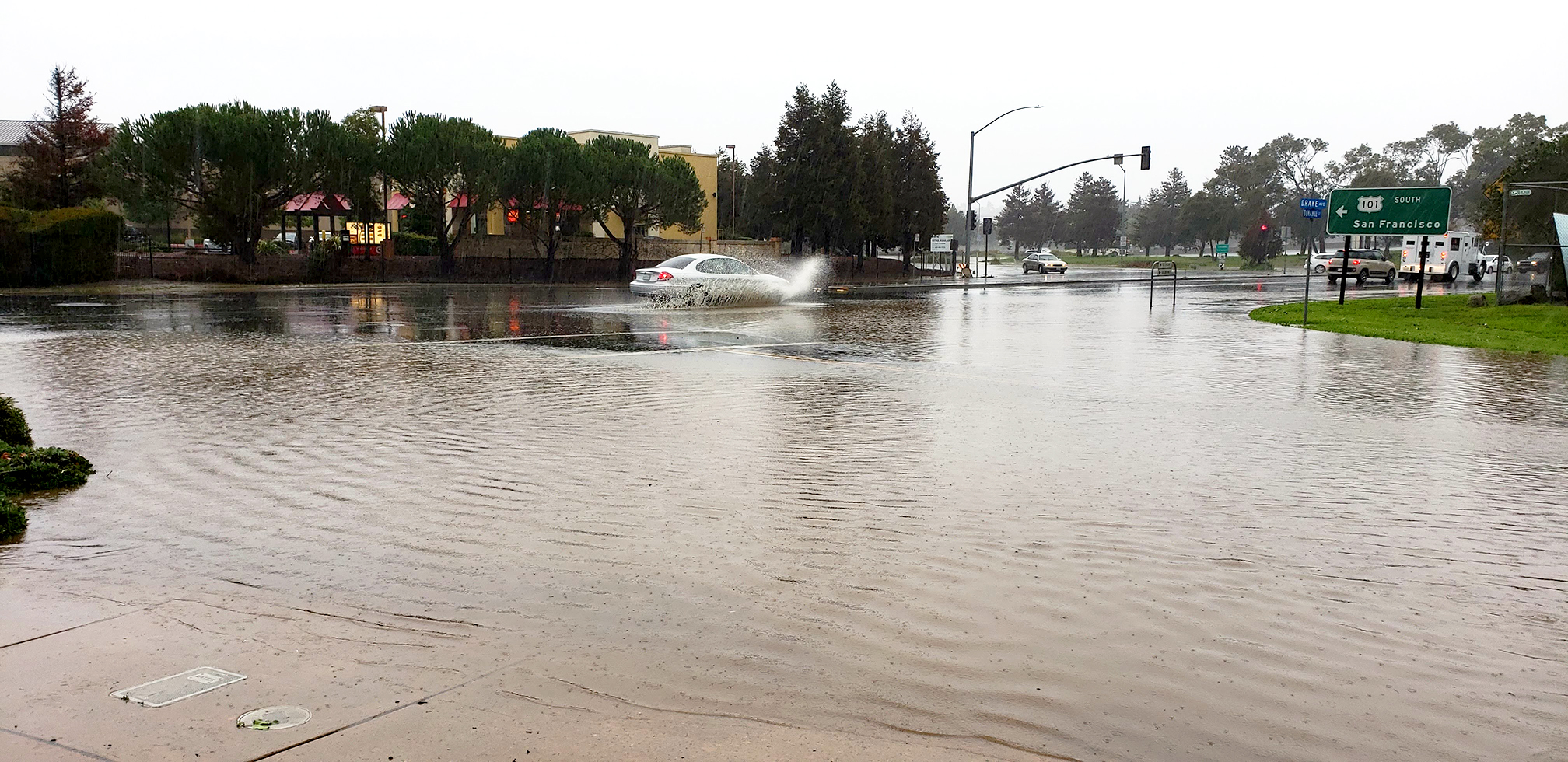 Donahue Street in Marin City is flooded by rainwater during a storm.