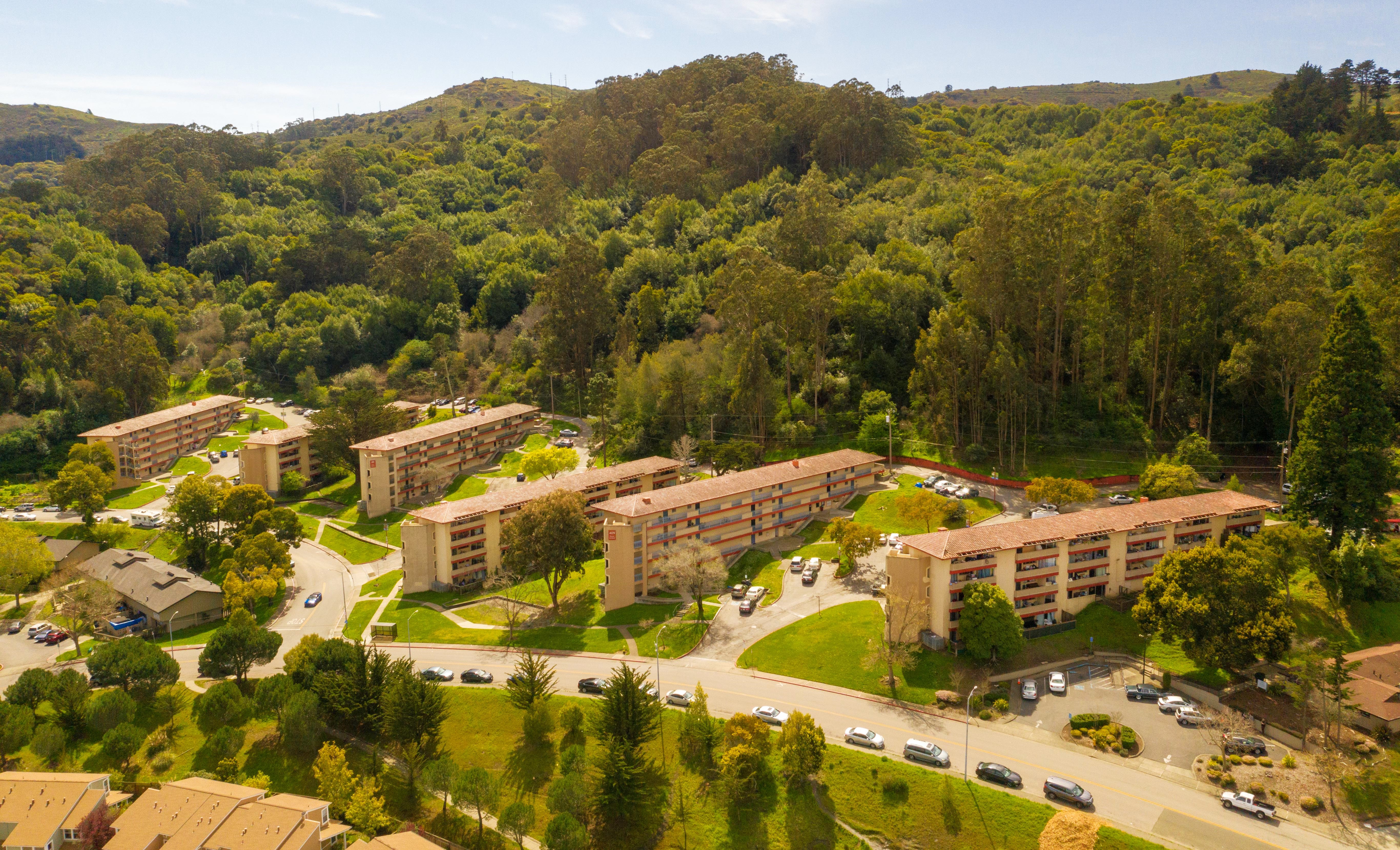 An overhead view of Golden Gate Village in Marin City.