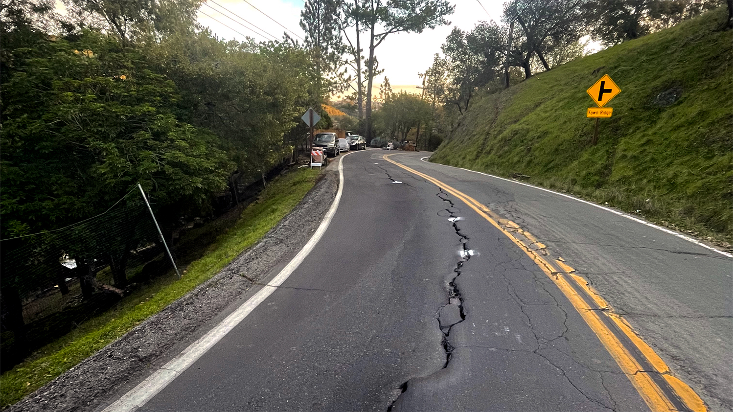 A closeup view of the pavement on Bolinas Road at milepost 1.