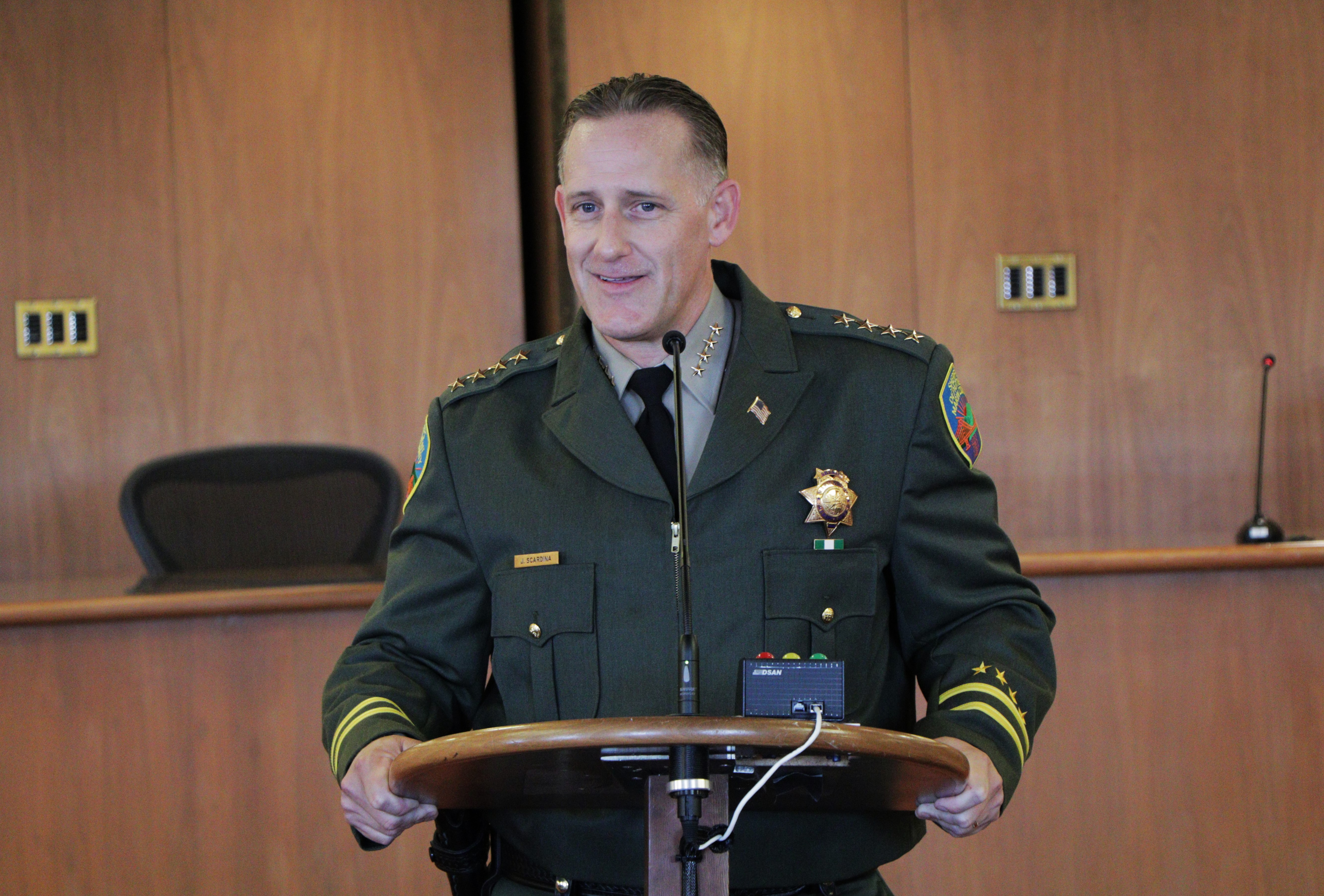 Marin County Sheriff Jamie Scardina speaks to an audience.