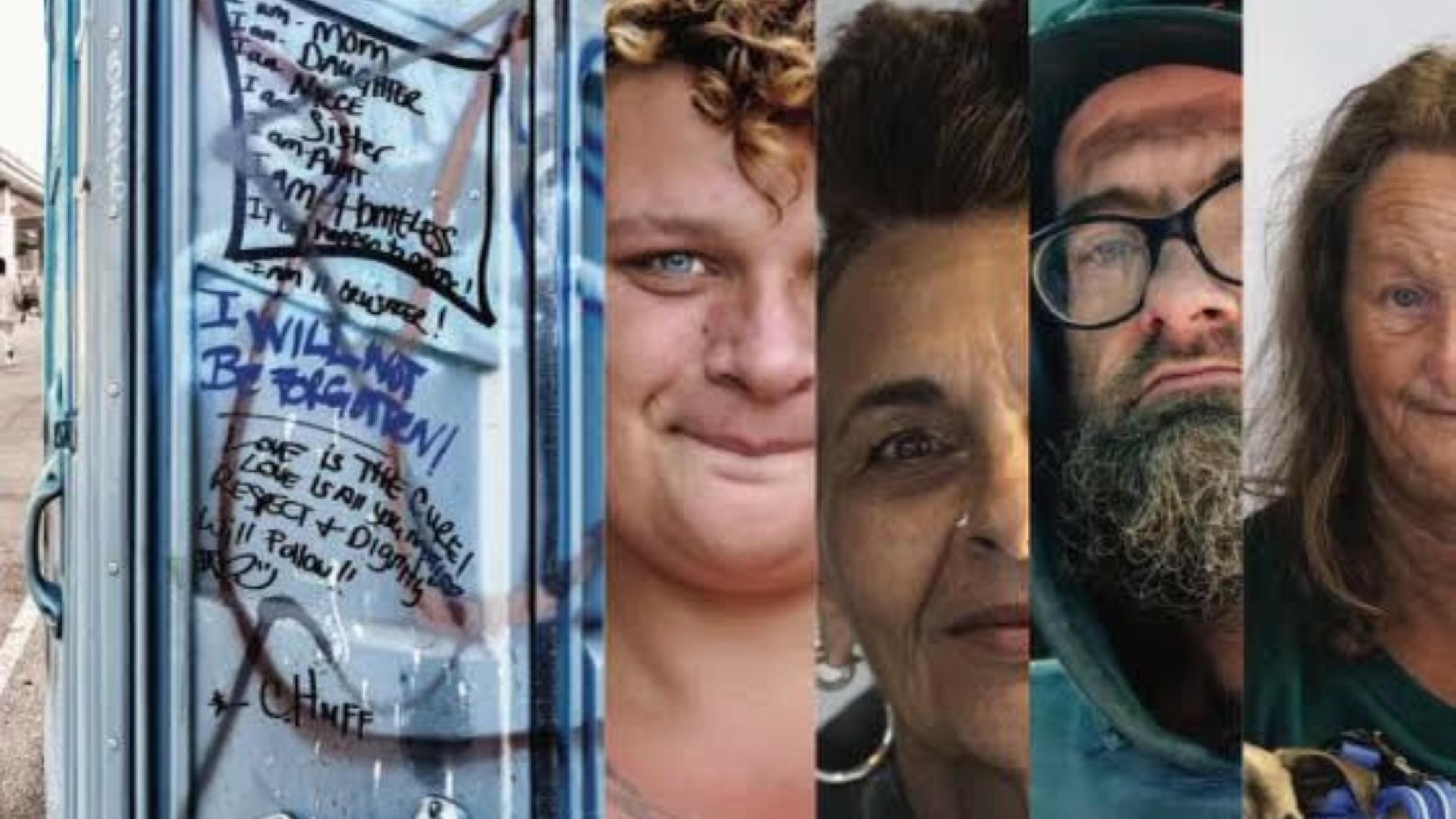 An artistic montage of the faces of homeless individuals depicted in the art show.