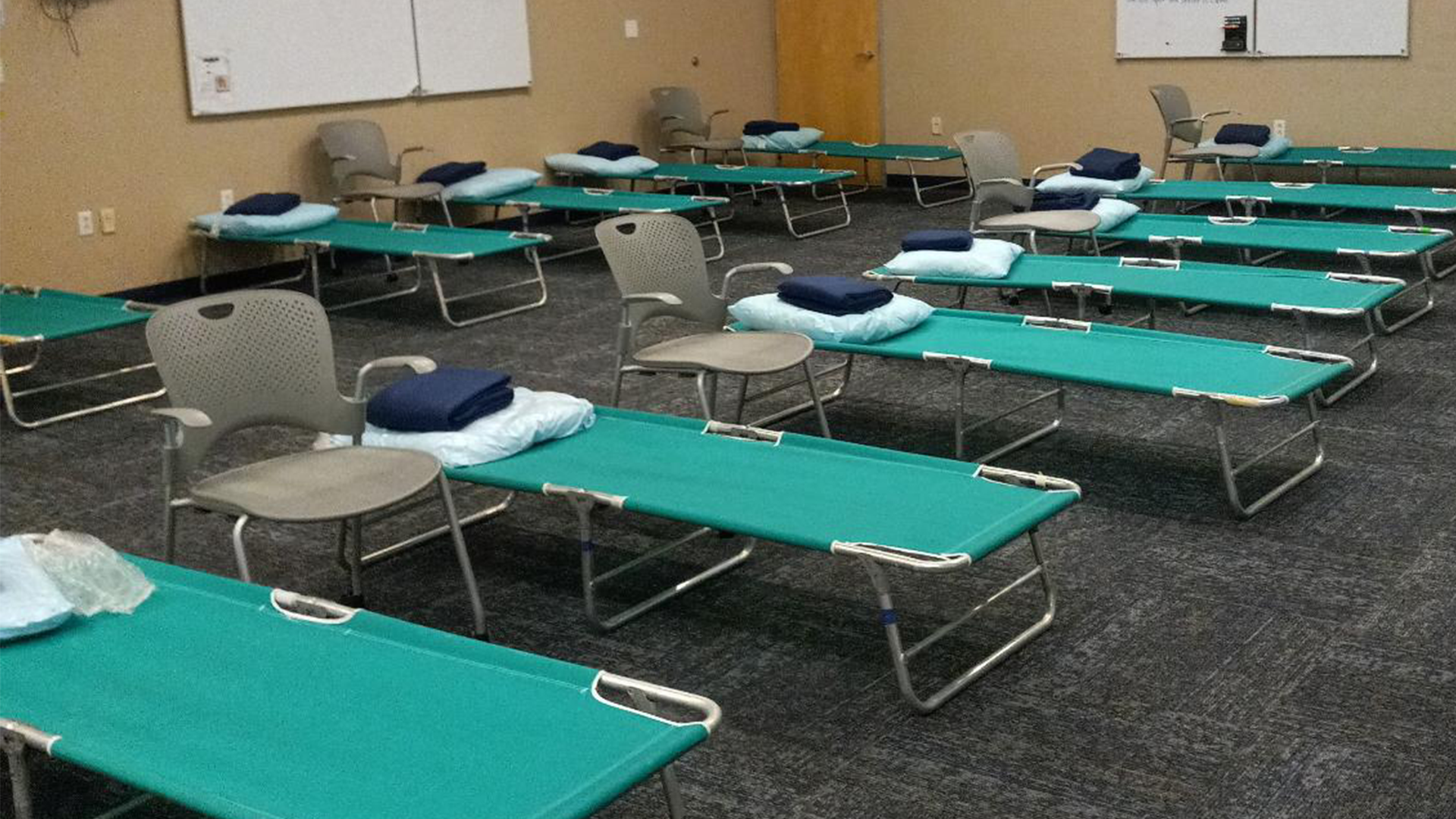 Cots are set up in the Marin Health and Wellness Campus Conference Center to welcome people experiencing homelessness.
