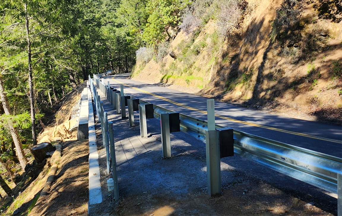 A view of guardrails along Bolinas Road.