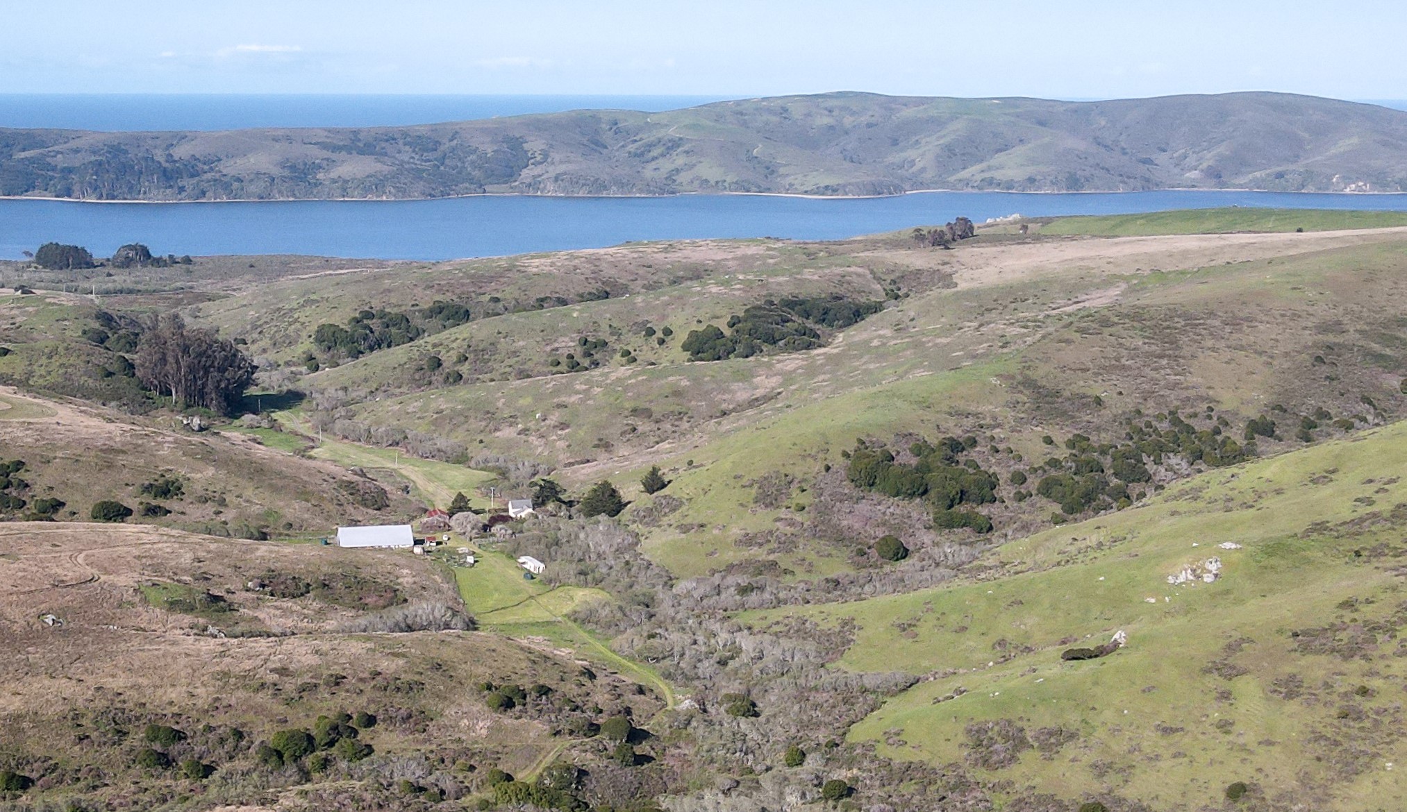 Hilltop view of a ranch near Tomales Bay.
