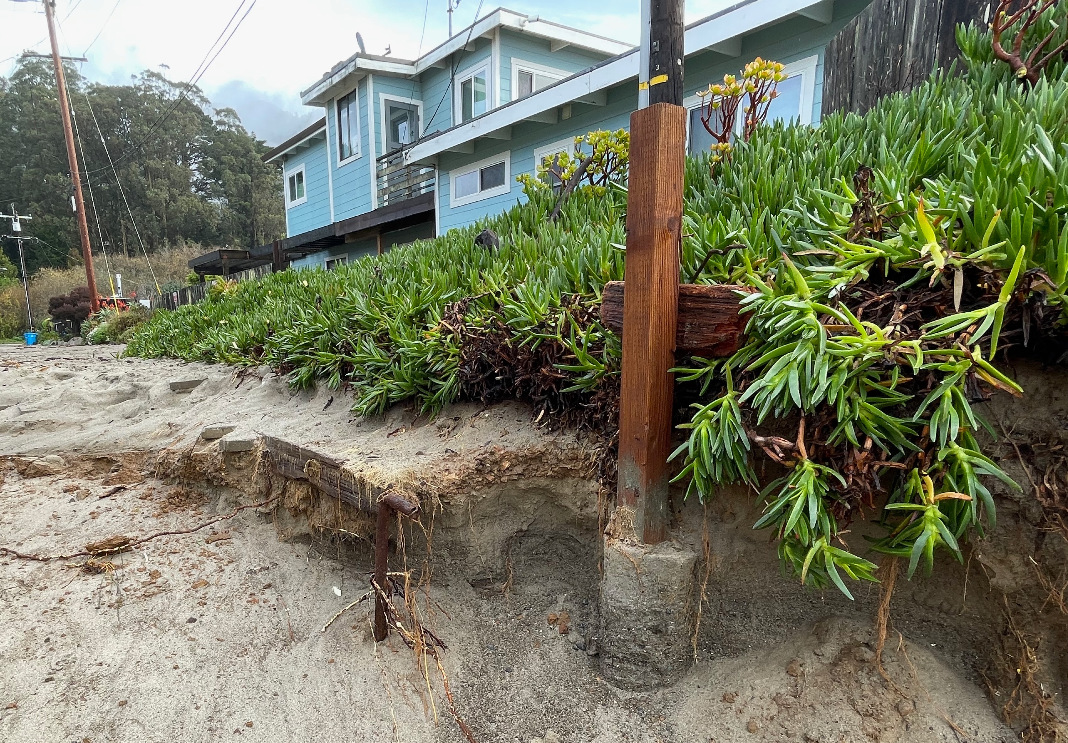 A closeup view of beach erosion in front of a home in Stinson Beach.