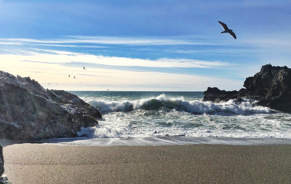 A beach with sand and rocks