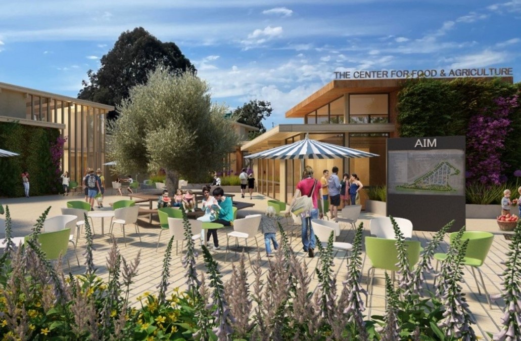 An architectural rendering of the permanent farmers market on the County property.