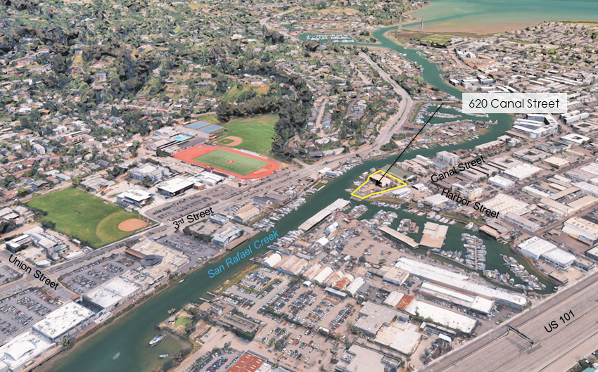 An aerial view of the San Rafael Canal and the property for sale.