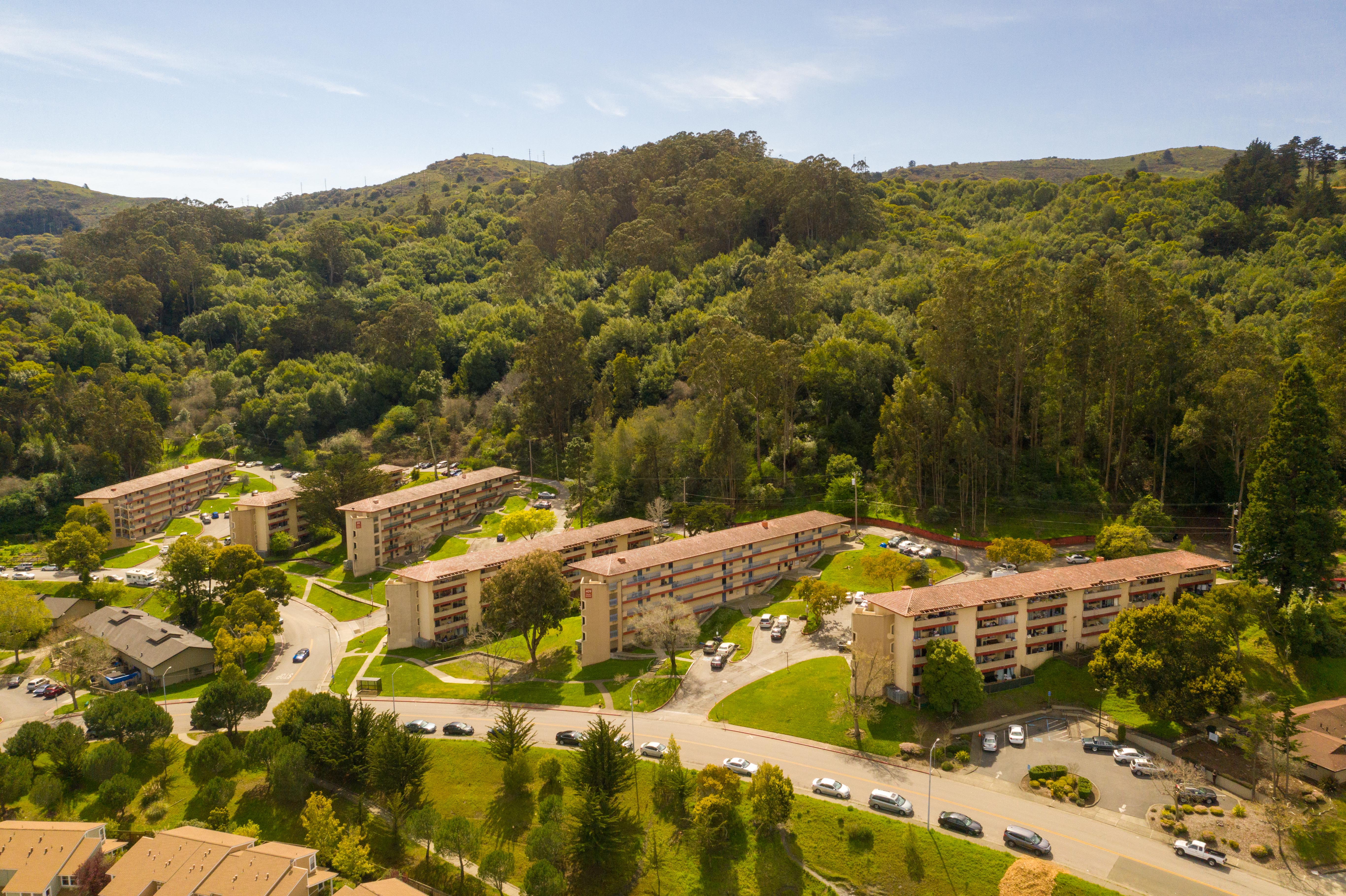 An aerial view of the high-rise towers of Golden Gate Village.