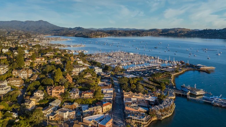Aerial view of Sausalito looking west toward Mount Tamalpais.