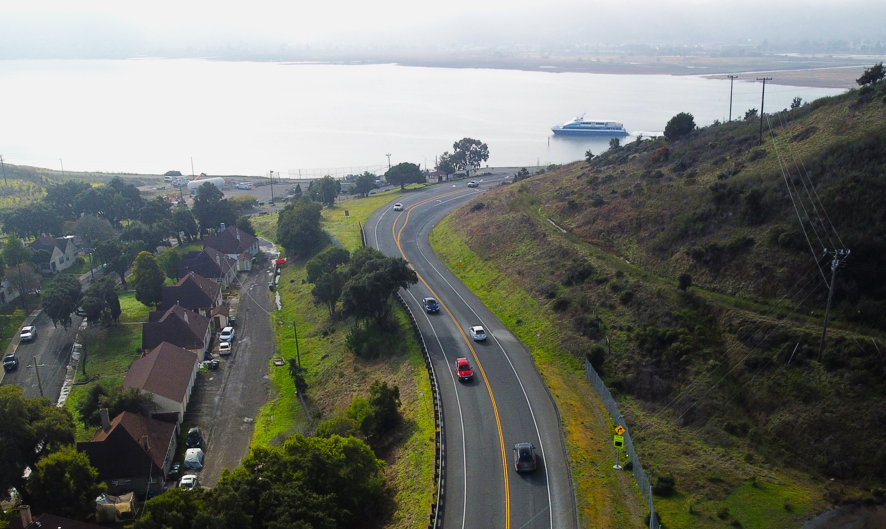 Aerial view of the East Sir Francis Drake Boulevard corridor that only has a road shoulder and will get a new bike-pedestrian pathway.