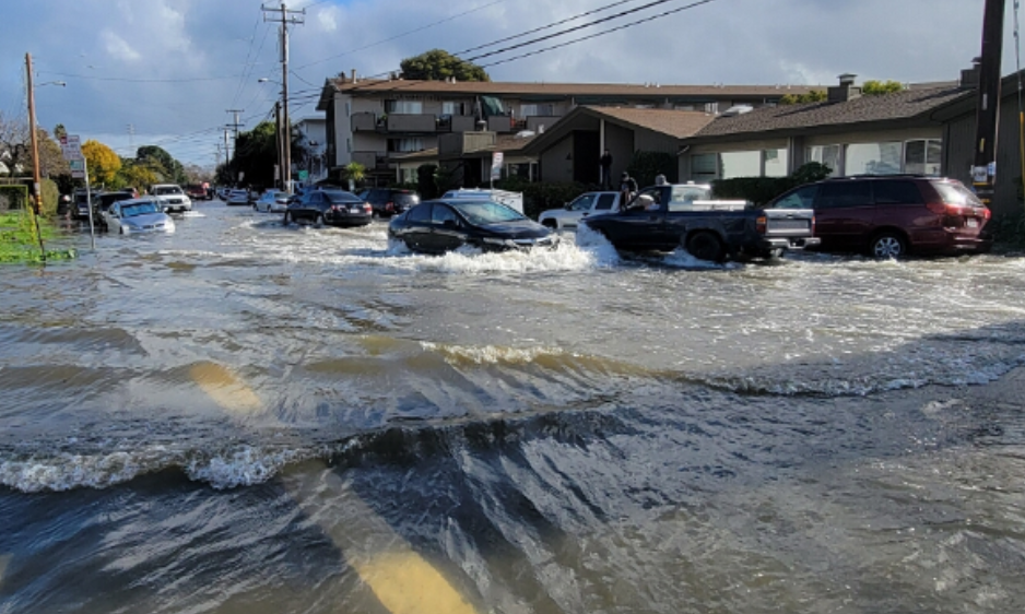 King tide inundates a San Rafael neighborhood and cars drive through the water.