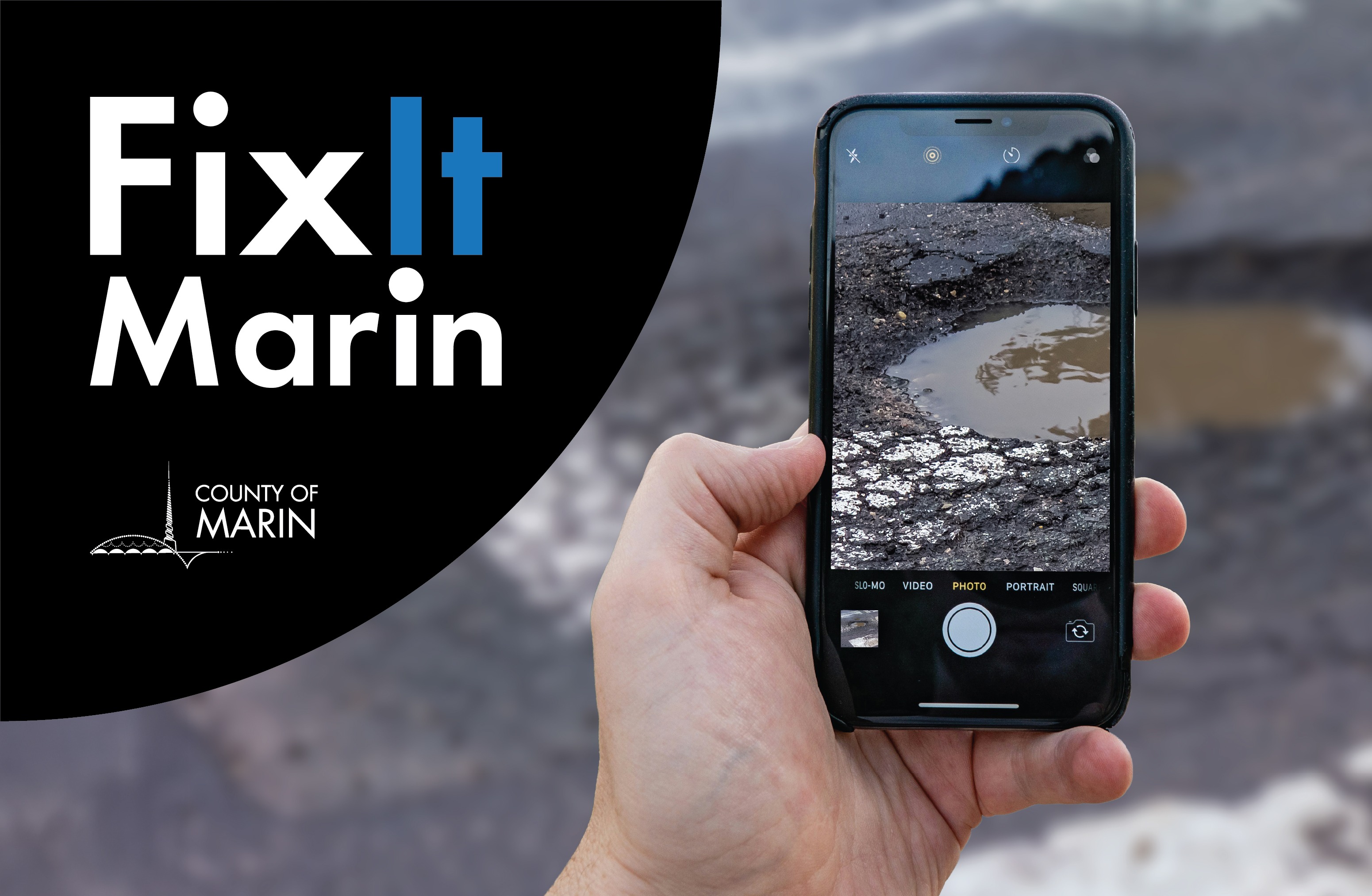 Graphic shows a person's hand holding a phone with the FixItMarin app open.