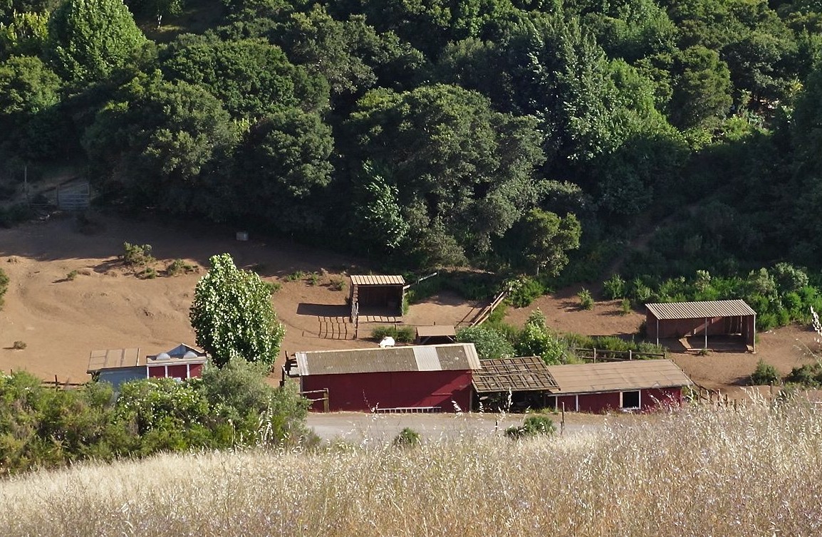Looking down at a barn and ranch buildings from a nearby hilltop.