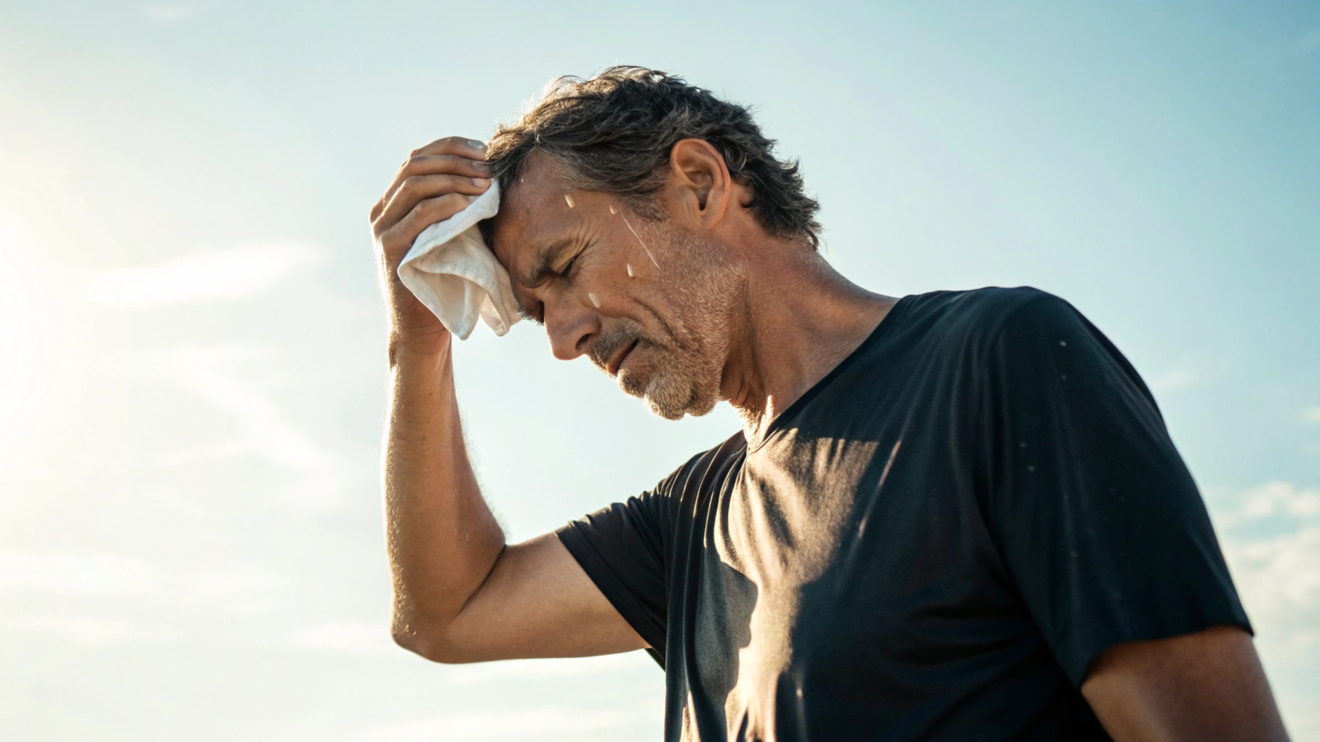 A middle-aged man wipes his brow on a hot day.