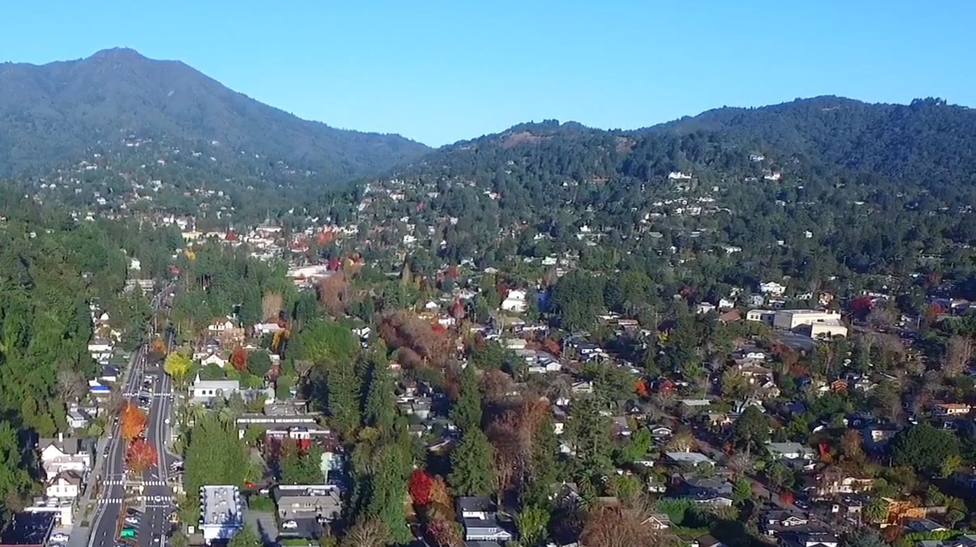 Aerial view of homes and businesses in Mill Valley.