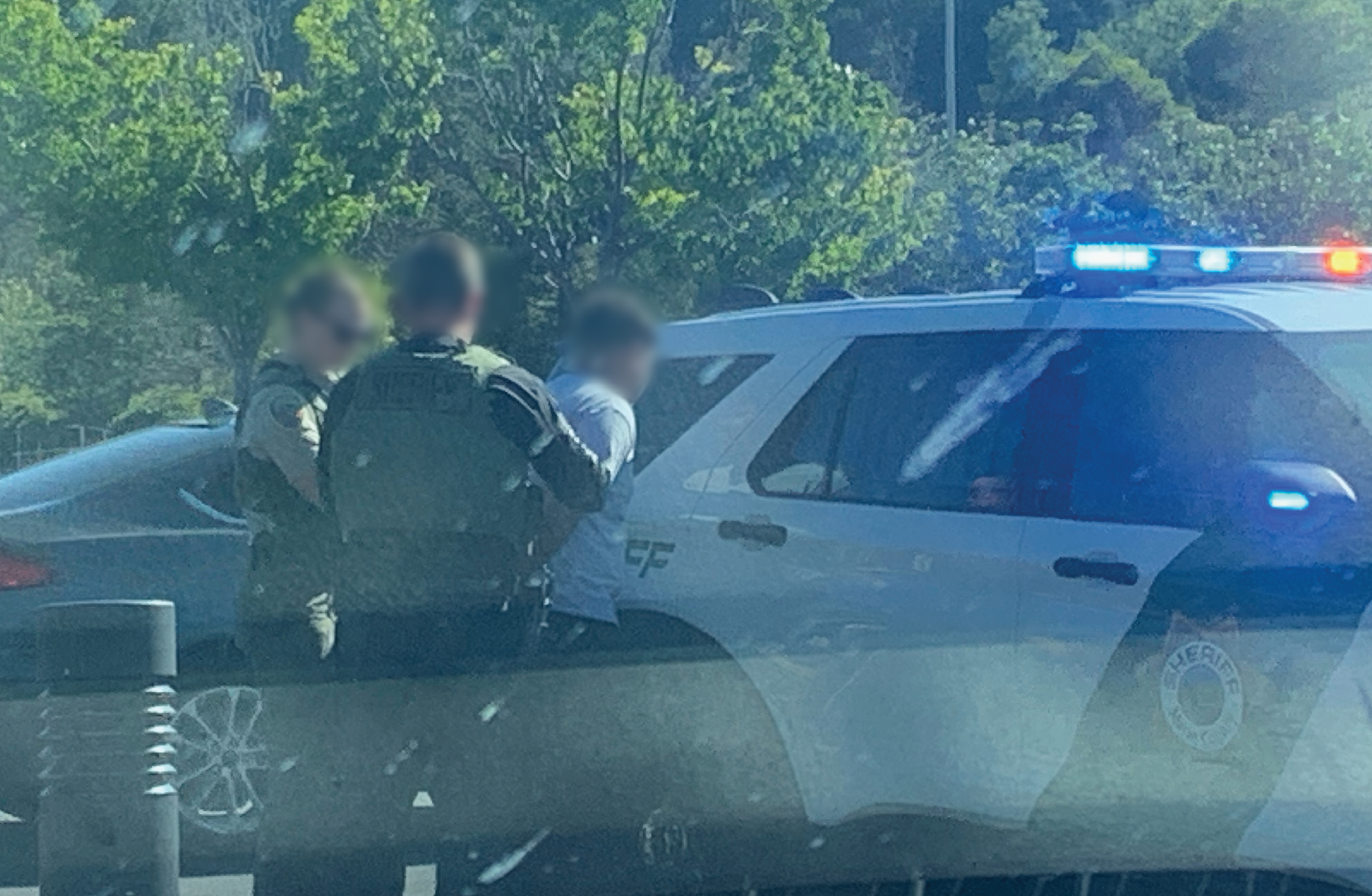 Law enforcement personnel detain an individual.