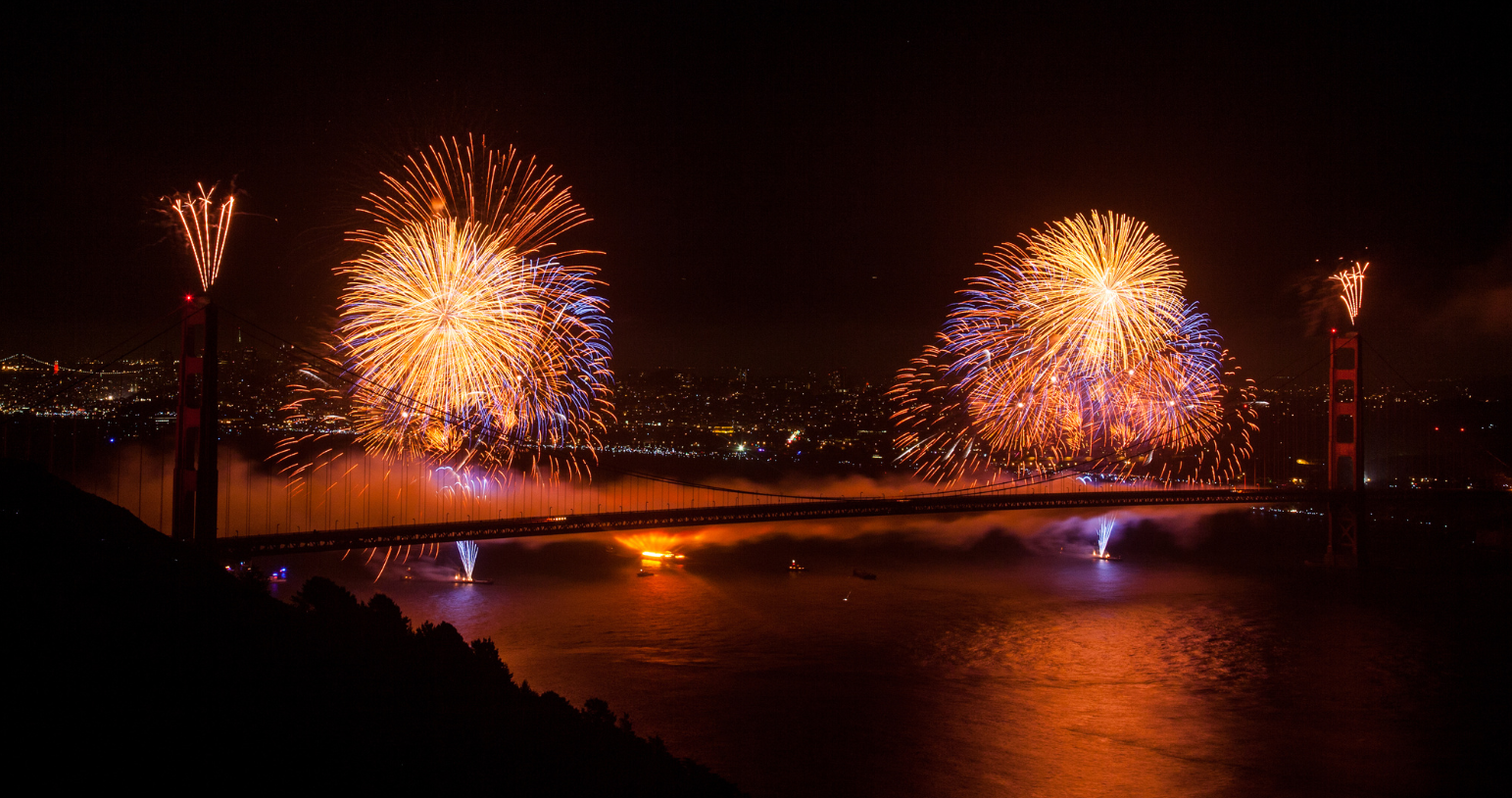 Hilltop view of fireworks at the Golden Gate Bridge