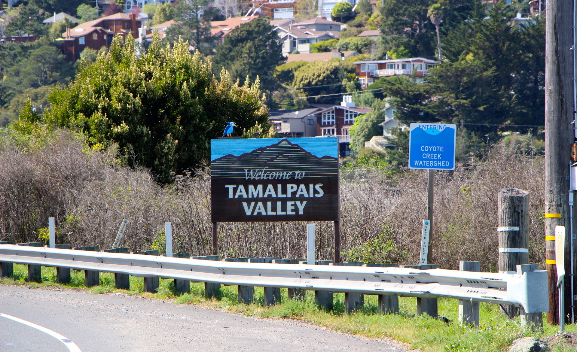 Road sign on Shoreline Highway in southern Marin County says Tamalpais Valley.