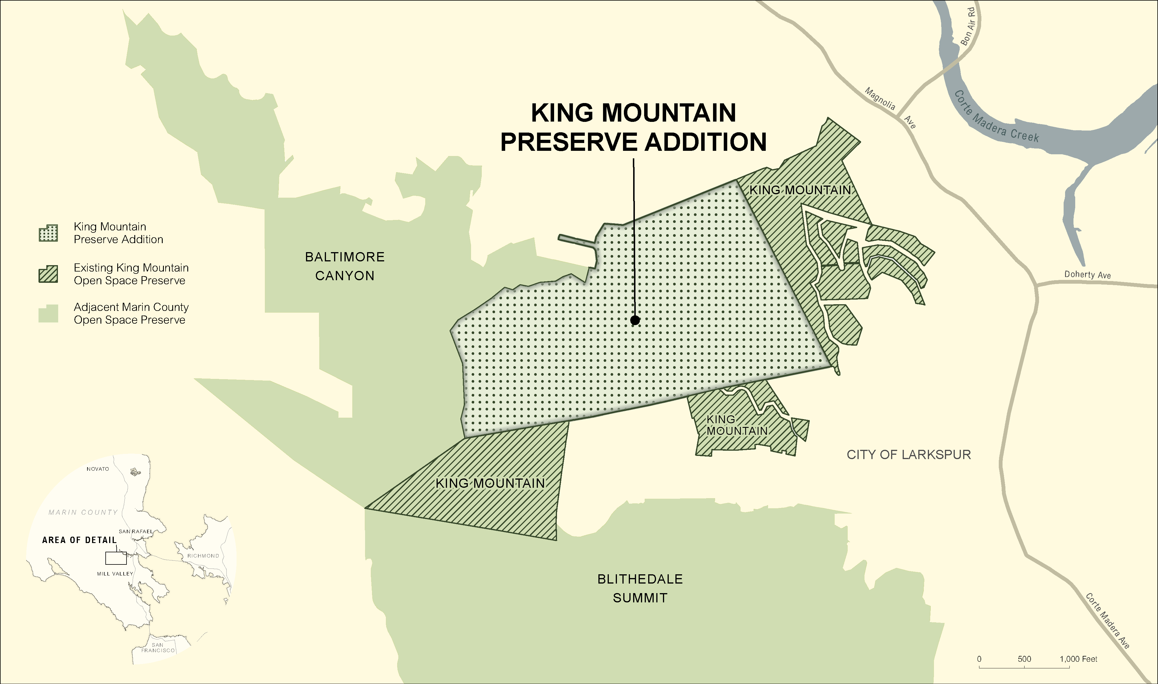 Map shows the segments of the King Mountain Open Space Preserve and the land that maybe added to it.