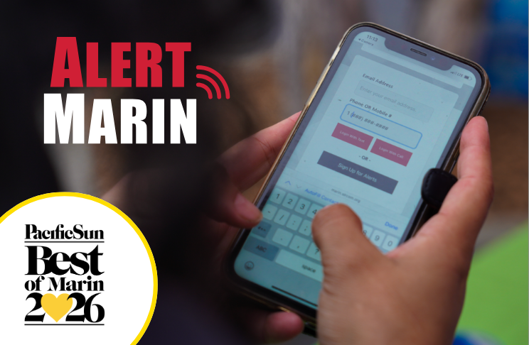 Alert Marin sign-up on a smartphone with a Best of Marin 2026 badge.