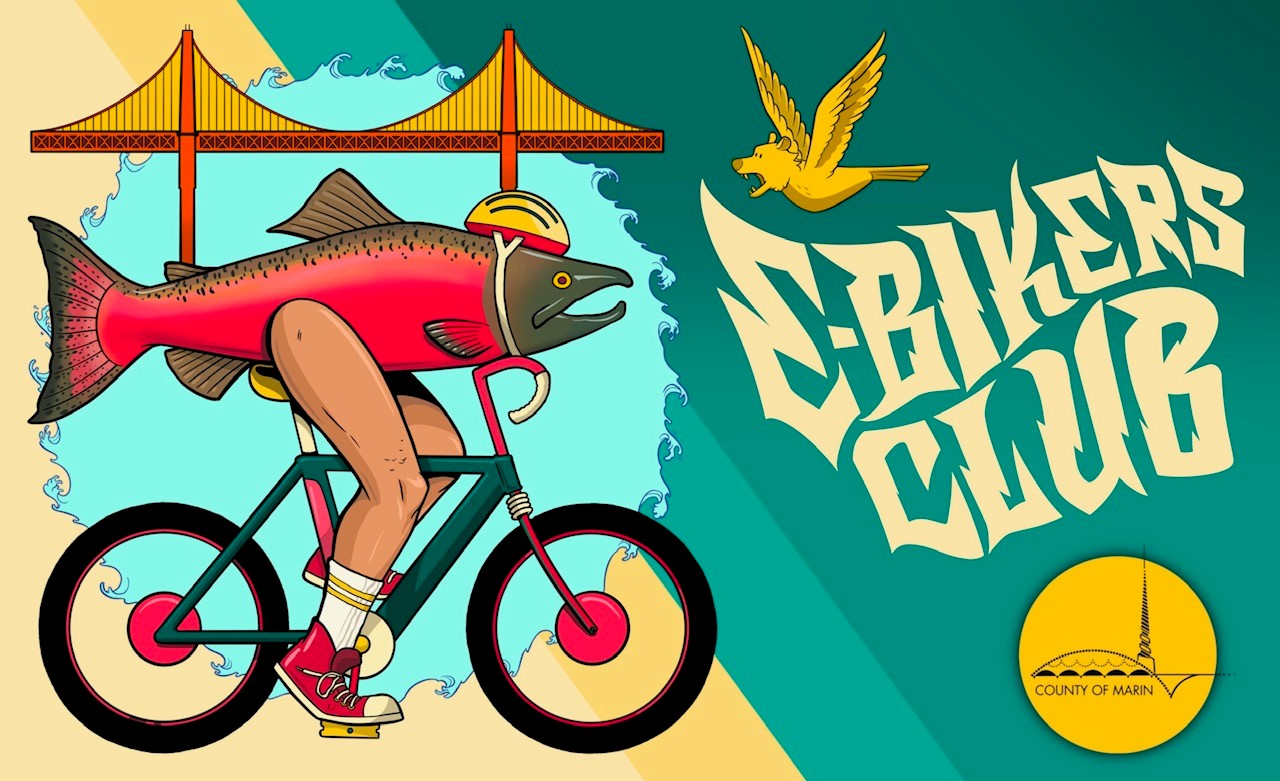 Artistic graphic promoting the E-Bikers Club has images of a fish riding a bicycle and the Golden Gate Bridge.