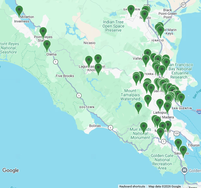 Screenshot of a Google Map showing Marin County with location pins on certified green businesses