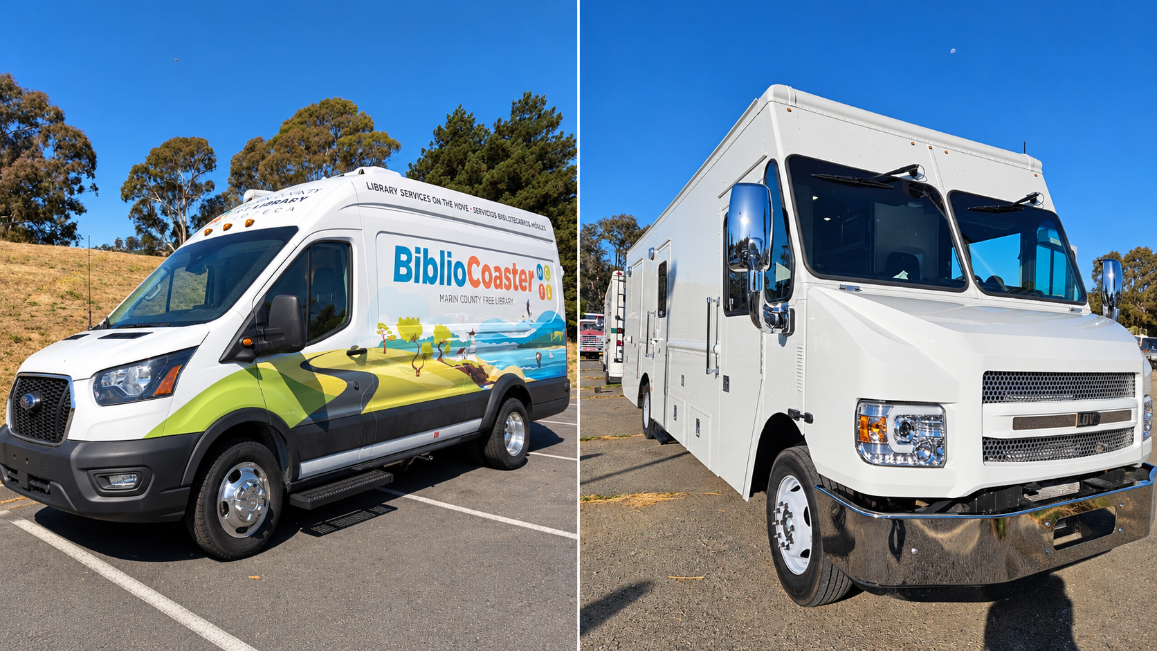 The side-by-side image features two County of Marin mobile service vehicles parked outdoors under clear blue skies.