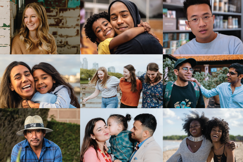 Collage of faces of people who are newer American immigrants.