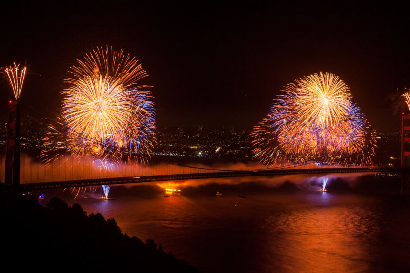Hilltop view of fireworks at the Golden Gate Bridge