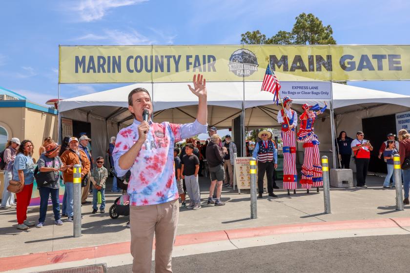 Supervisor Eric Lucan welcomes the crowd as the Marin County Fair opens its gates on July 1, 2026.